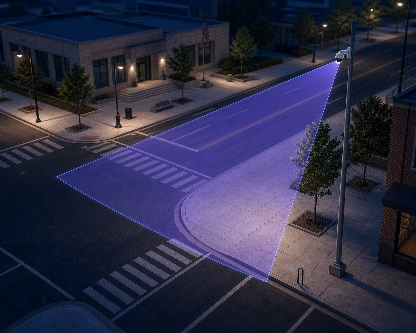 Municipal digital twin showing the field of view of a pole-mounted security camera at a public intersection.