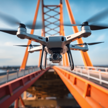 A close-up of a drone inspecting a bridge, highlighting advanced technology and infrastructure assessment with vibrant colors and clear details.