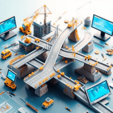 A detailed 3D model of infrastructure featuring bridges and roads, surrounded by construction tools and digital screens, highlighting advanced tech...