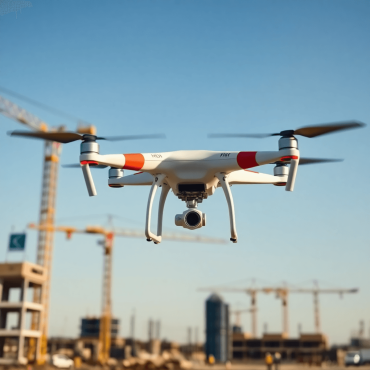 A drone captures aerial footage over a busy construction site, featuring cranes and workers below against a clear sky, highlighting modern technolo...