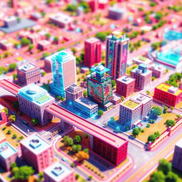 A colorful 3D digital twin model of an urban landscape featuring futuristic buildings, green spaces, and dynamic elements with data overlays for re...