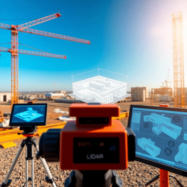 A construction site featuring a 3D model overlay, LiDAR scanner, and digital screens, illustrating innovation and efficiency in a bright, optimisti...