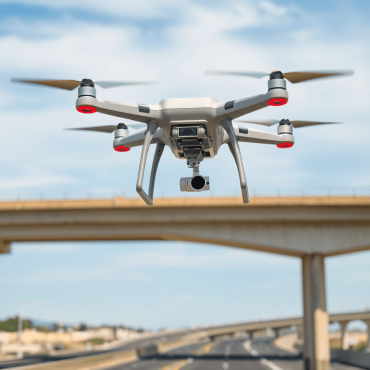 A drone captures high-resolution images of bridges and roads at an infrastructure site under a clear blue sky, showcasing technology in asset inspe...