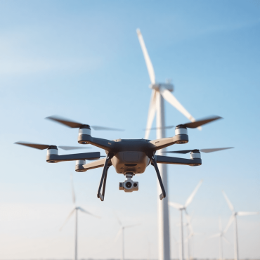 A drone flies above a wind farm, showcasing towering wind turbines against a clear blue sky, symbolizing efficiency and modern technology in renewa...
