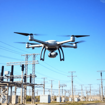 A high-tech drone inspects power lines and substations against a clear blue sky, showcasing advanced technology in utility inspections.