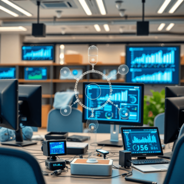 A modern workplace filled with IoT devices and monitors, showcasing real-time data collection with charts and graphs in the background, emphasizing...