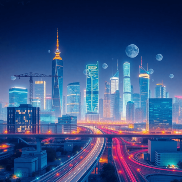 A vibrant futuristic city skyline with advanced buildings and smart technologies, featuring digital overlays that symbolize innovation and resilien...