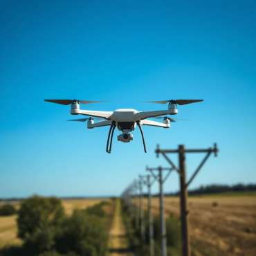 Aerial view of a drone inspecting high distribution power poles in a rural area, with a clear blue sky, emphasizing technology's role in utility in...