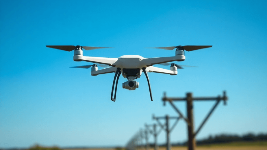 Aerial view of a drone inspecting high distribution power poles in a rural area, with a clear blue sky, emphasizing technology's role in utility in...