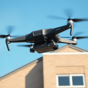 A drone hovers above a commercial building's roof under a clear blue sky, symbolizing innovation in infrastructure management and advanced roof ins...