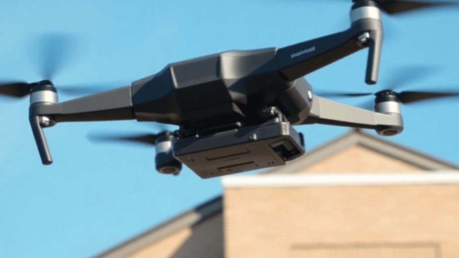 A drone hovers above a commercial building's roof under a clear blue sky, symbolizing innovation in infrastructure management and advanced roof ins...