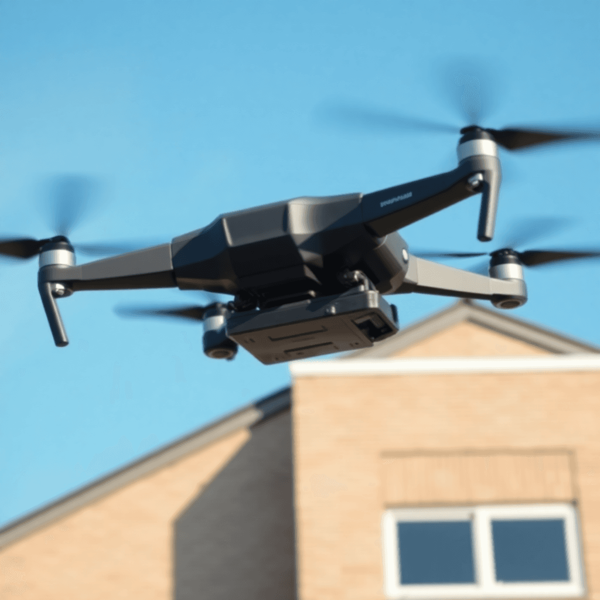 A drone hovers above a commercial building's roof under a clear blue sky, symbolizing innovation in infrastructure management and advanced roof ins...