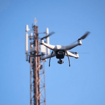 A drone hovers near a tall cell tower under a clear blue sky, symbolizing innovation and progress in telecommunications infrastructure monitoring.