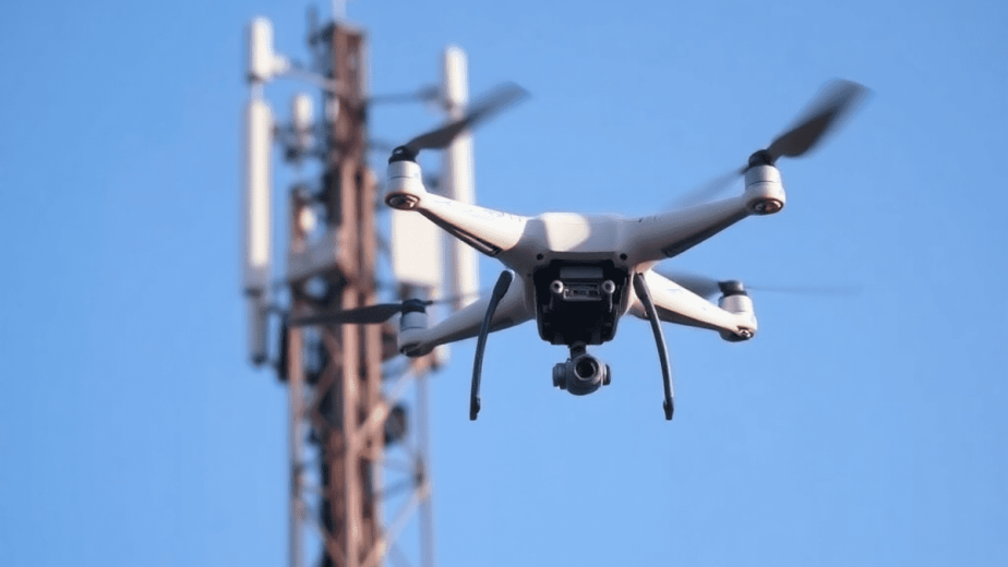 A drone hovers near a tall cell tower under a clear blue sky, symbolizing innovation and progress in telecommunications infrastructure monitoring.