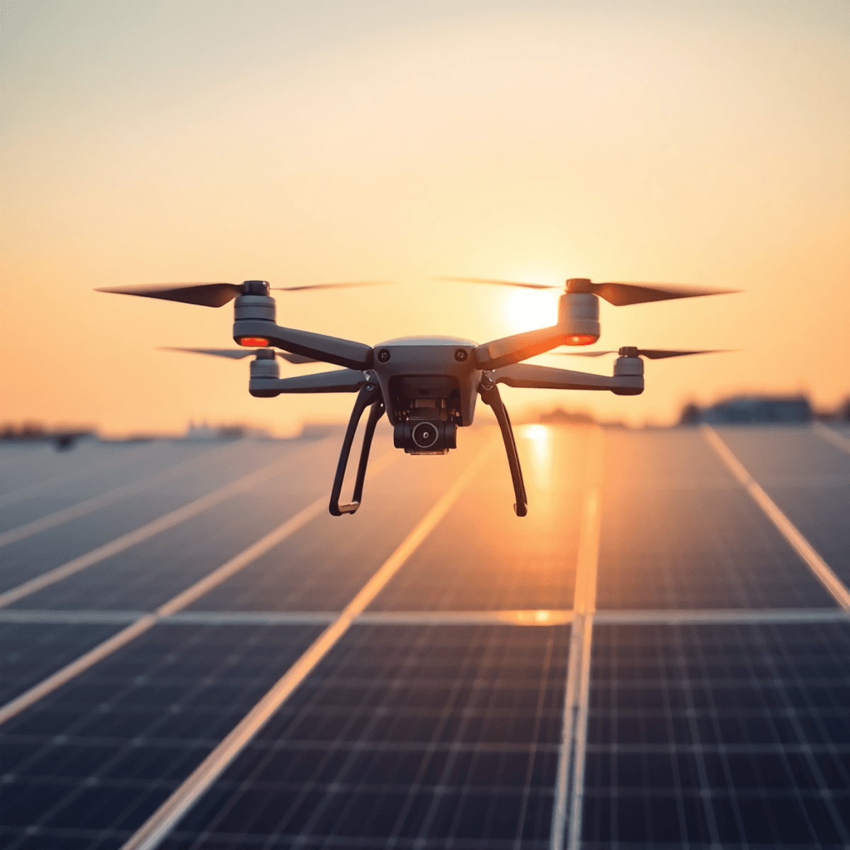 A drone hovers over a rooftop solar panel installation, capturing images under bright sunlight, symbolizing innovation and renewable energy efficie...
