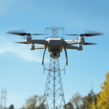 A drone inspecting a transmission tower against a clear sky, highlighting advanced technology with digital overlays and thermal imaging visuals, sh...