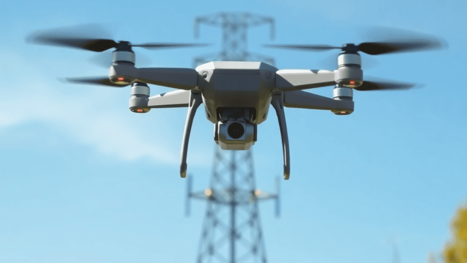 A drone inspecting a transmission tower against a clear sky, highlighting advanced technology with digital overlays and thermal imaging visuals, sh...