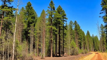 A forest landscape with dense trees next to a cleared firebreak area featuring wildfire prevention tools under a bright blue sky.