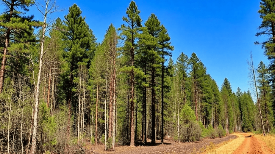 A forest landscape with dense trees next to a cleared firebreak area featuring wildfire prevention tools under a bright blue sky.