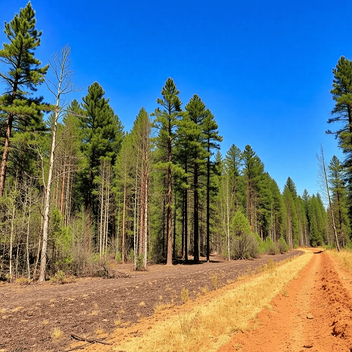 A forest landscape with dense trees next to a cleared firebreak area featuring wildfire prevention tools under a bright blue sky.