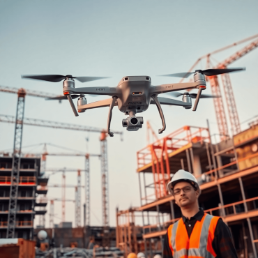 Aerial view of a construction site with a drone above, showcasing cranes, scaffolding, and workers in safety gear, under a clear sky.