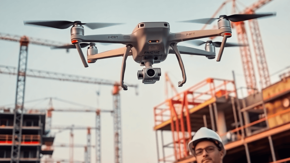 Aerial view of a construction site with a drone above, showcasing cranes, scaffolding, and workers in safety gear, under a clear sky.
