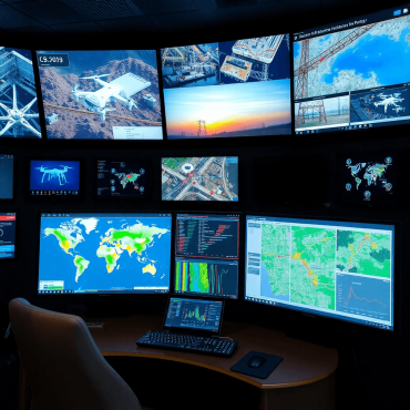 Control room with multiple digital screens showing maps, drone footage, satellite images, and AI analytics for electric utility monitoring and risk...