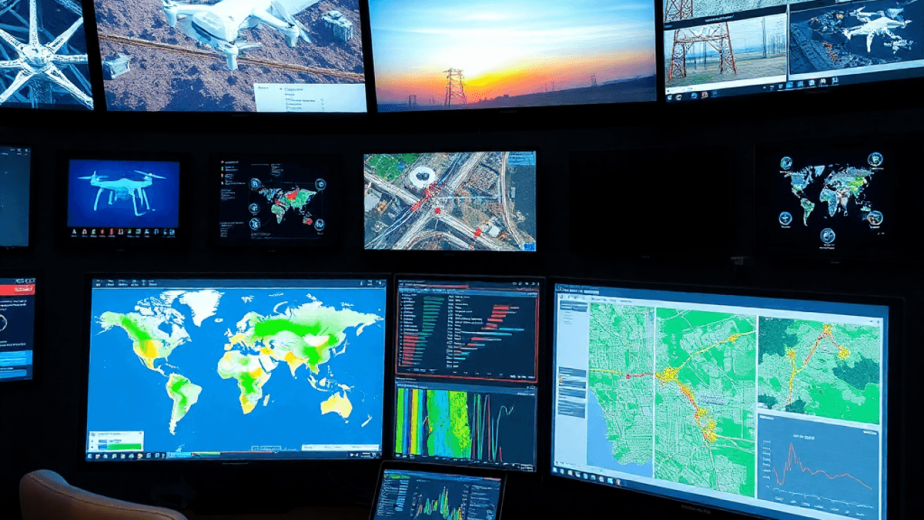 Control room with multiple digital screens showing maps, drone footage, satellite images, and AI analytics for electric utility monitoring and risk...
