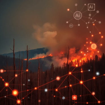 Dramatic forest with dry trees and smoke, overlaid with glowing AI data streams and network grids symbolizing advanced wildfire prediction technology.