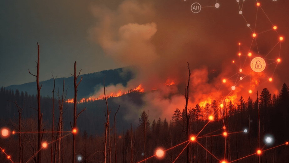 Dramatic forest with dry trees and smoke, overlaid with glowing AI data streams and network grids symbolizing advanced wildfire prediction technology.