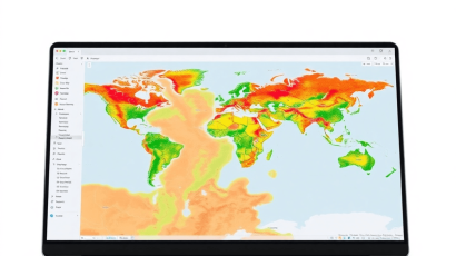 Laptop screen showing a colorful digital map interface with layered geographic data on a bright background symbolizing GIS accessibility and collab...