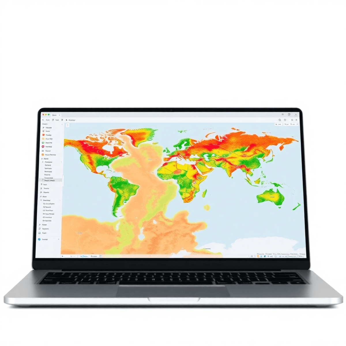 Laptop screen showing a colorful digital map interface with layered geographic data on a bright background symbolizing GIS accessibility and collab...