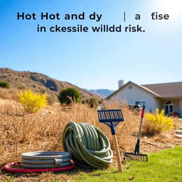 Sunlit dry vegetation under a clear blue sky with fire prevention tools like a hose and rake near a well-kept home, highlighting wildfire preparedn...
