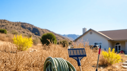 Sunlit dry vegetation under a clear blue sky with fire prevention tools like a hose and rake near a well-kept home, highlighting wildfire preparedn...