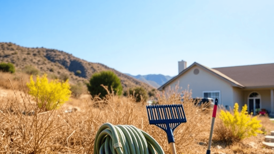 Sunlit dry vegetation under a clear blue sky with fire prevention tools like a hose and rake near a well-kept home, highlighting wildfire preparedn...