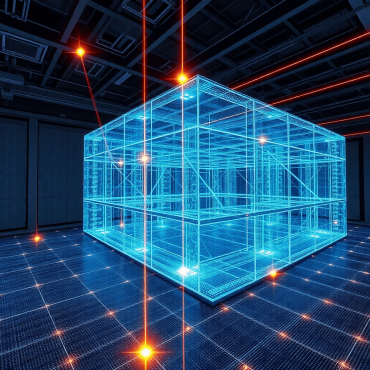 3D laser scanner capturing detailed digital point cloud of a building with glowing beams and futuristic spatial data overlay in a photo style.