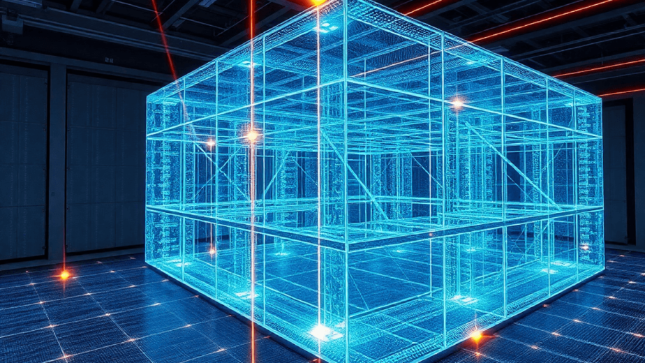 3D laser scanner capturing detailed digital point cloud of a building with glowing beams and futuristic spatial data overlay in a photo style.