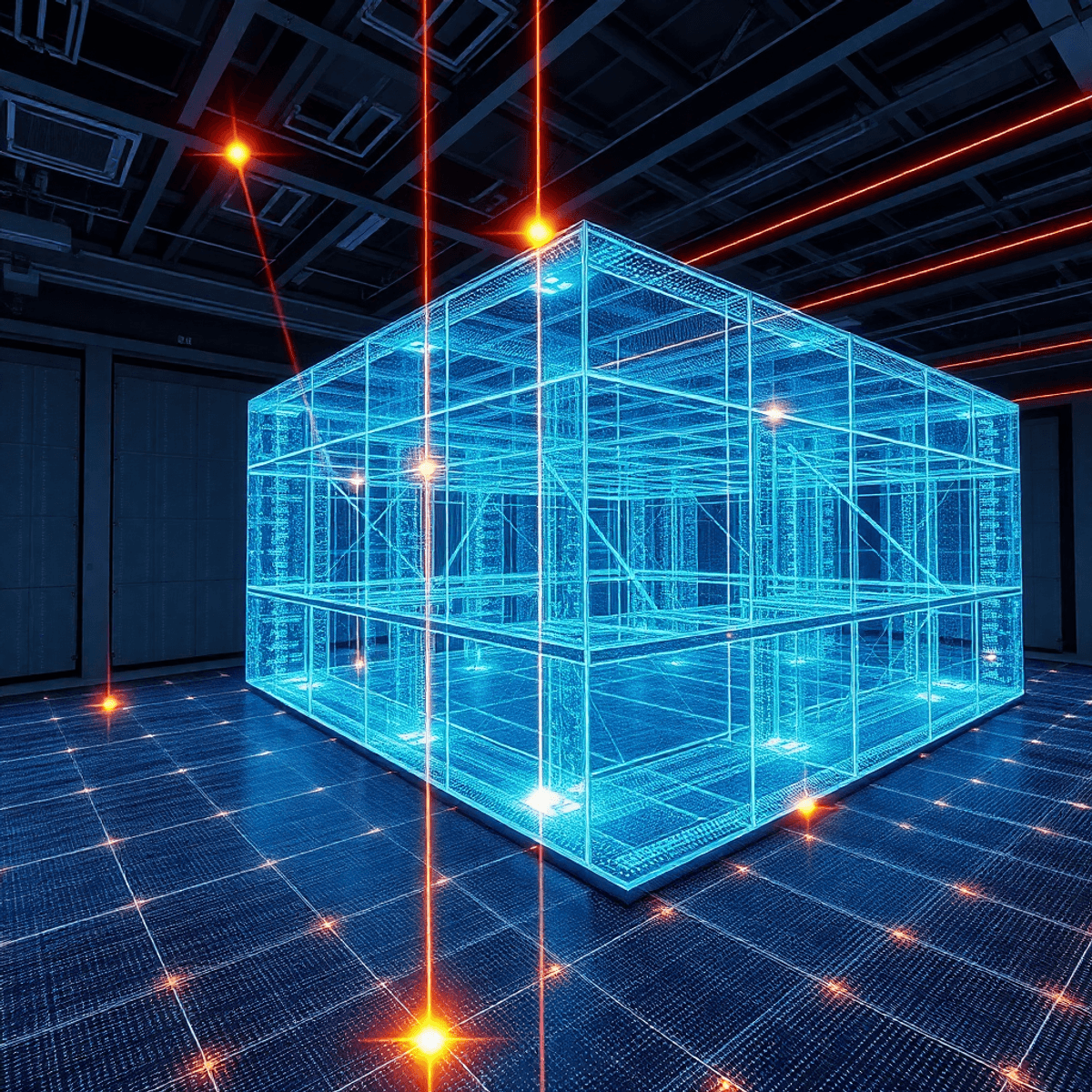 3D laser scanner capturing detailed digital point cloud of a building with glowing beams and futuristic spatial data overlay in a photo style.