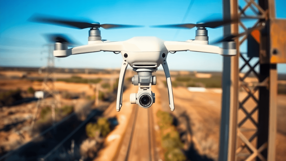 A drone flies over a utility right of way, capturing high-resolution images of power lines against a clear blue sky, highlighting modern inspection...
