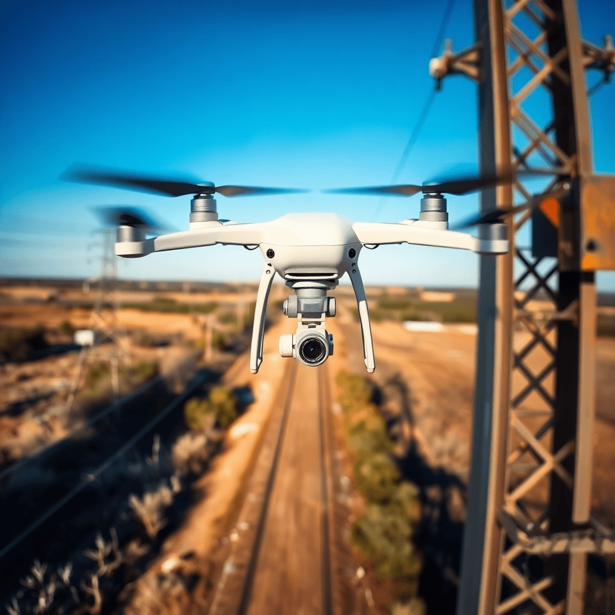 A drone flies over a utility right of way, capturing high-resolution images of power lines against a clear blue sky, highlighting modern inspection...