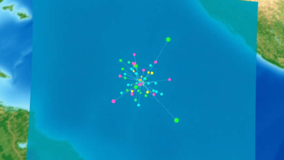 Digital map with colorful vector points, lines, and polygons over satellite imagery, showcasing spatial data and computing technology.
