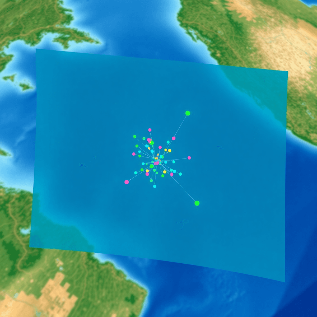 Digital map with colorful vector points, lines, and polygons over satellite imagery, showcasing spatial data and computing technology.