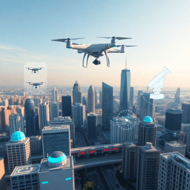 Futuristic cityscape with 3D digital overlays, drones, and satellite icons highlighting infrastructure against a clear sky in a photograph style.