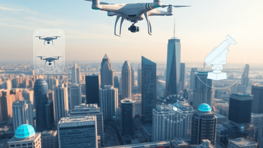 Futuristic cityscape with 3D digital overlays, drones, and satellite icons highlighting infrastructure against a clear sky in a photograph style.