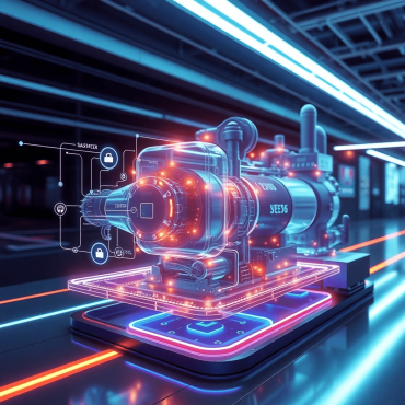 Glowing 3D holographic model of industrial machinery with data streams and sensor icons on a sleek high-tech background.