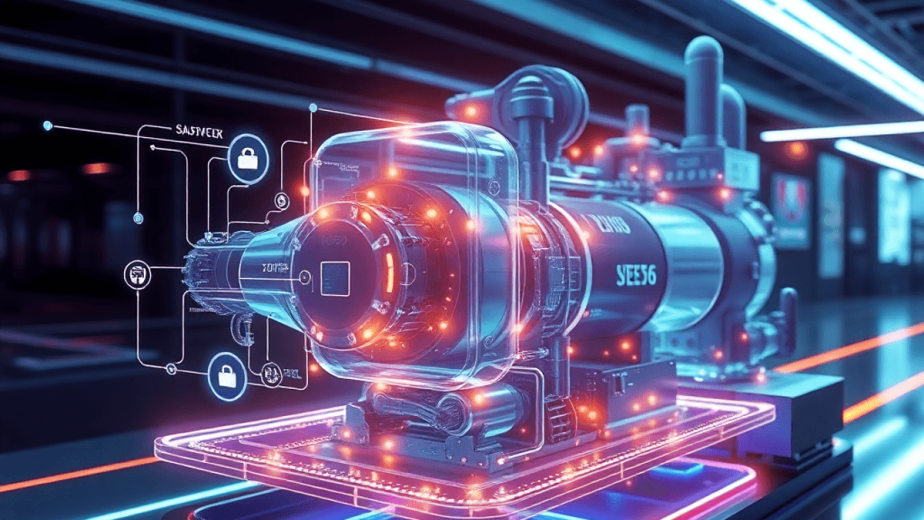Glowing 3D holographic model of industrial machinery with data streams and sensor icons on a sleek high-tech background.