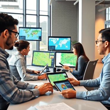 Professionals collaborating in a modern office using GIS software on computers and tablets, with digital maps and spatial data visualizations on sc...