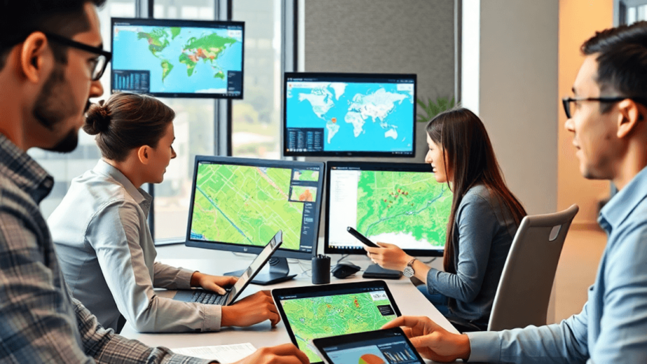 Professionals collaborating in a modern office using GIS software on computers and tablets, with digital maps and spatial data visualizations on sc...